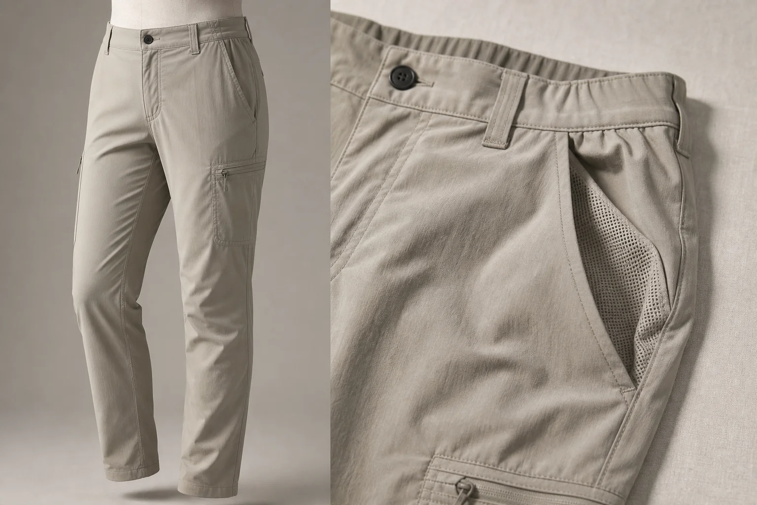 Five hiking pants in different styles displayed side by side on neutral backdrop