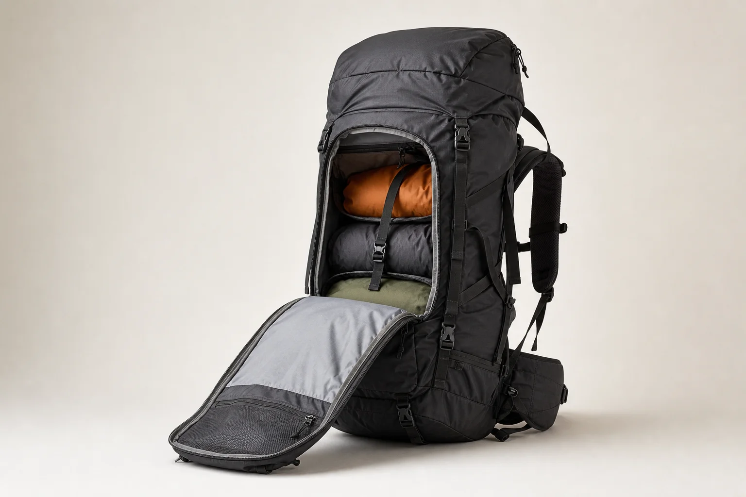 Eight backpacking packs of various styles and sizes arranged on concrete surface