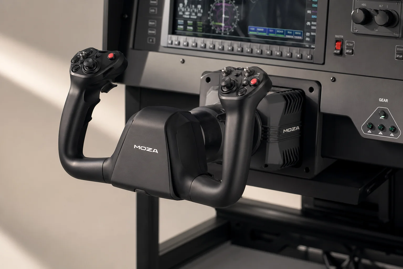 Professional home flight simulator cockpit with yoke, avionics, throttle controls, and triple monitors