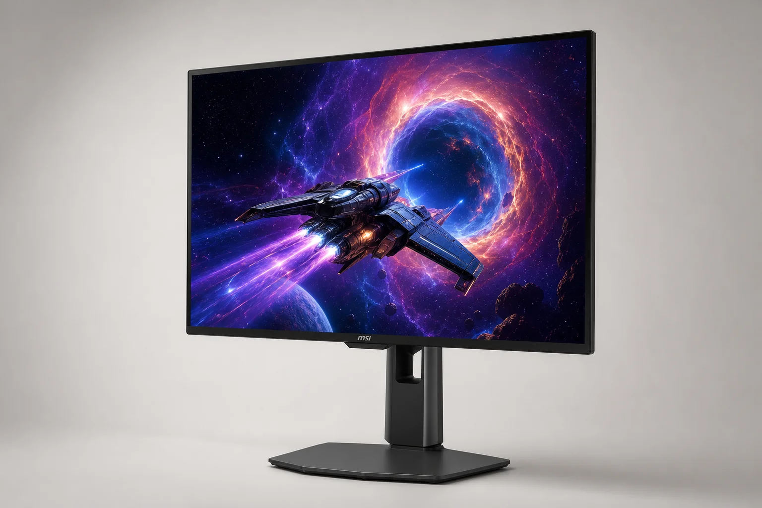 Five gaming monitors arranged on concrete showing 1440p IPS and OLED displays