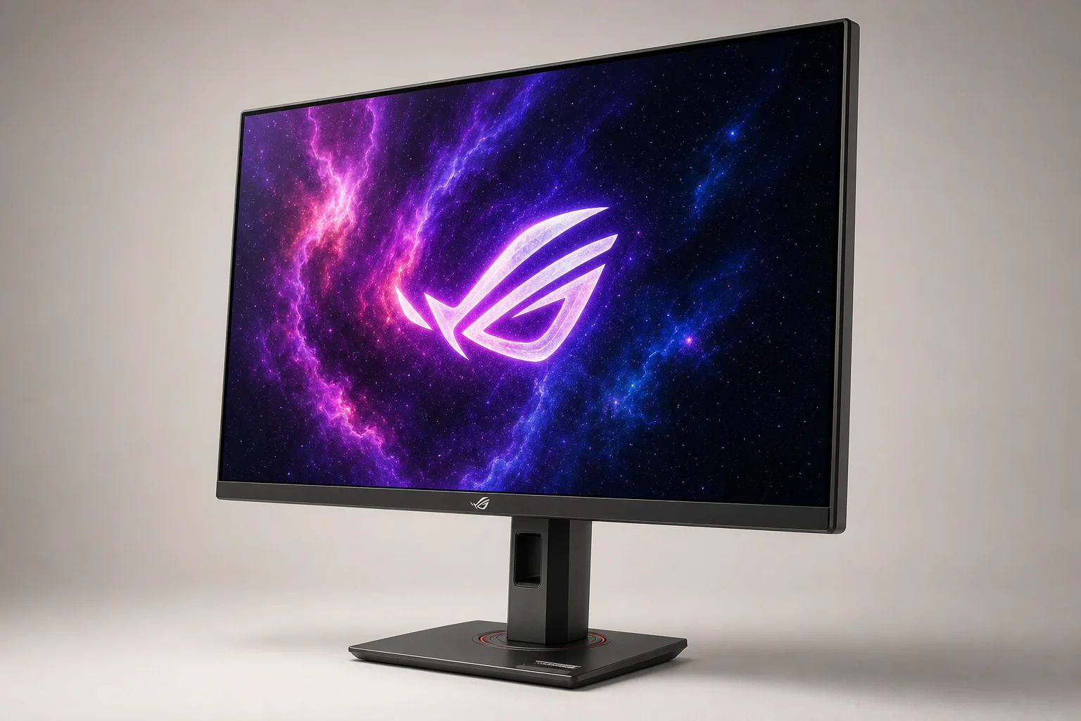 Five gaming monitors arranged on concrete showing 1440p IPS and OLED displays