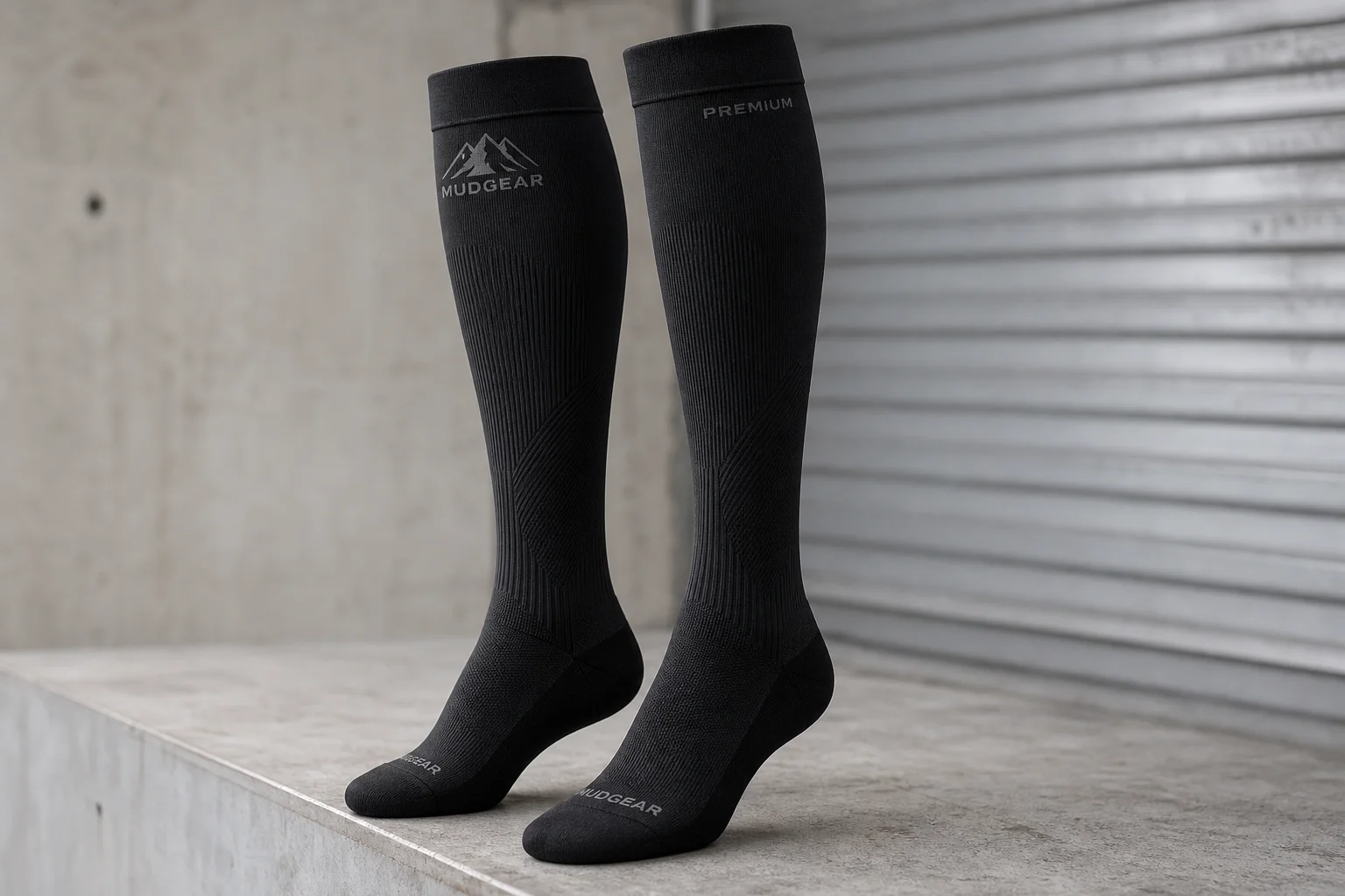 Five pairs of hiking socks in different styles and colors arranged on concrete