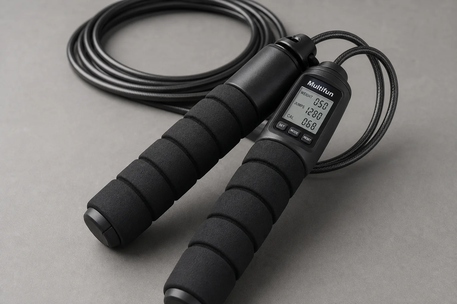 Five smart jump ropes with different handle colors and designs arranged on concrete