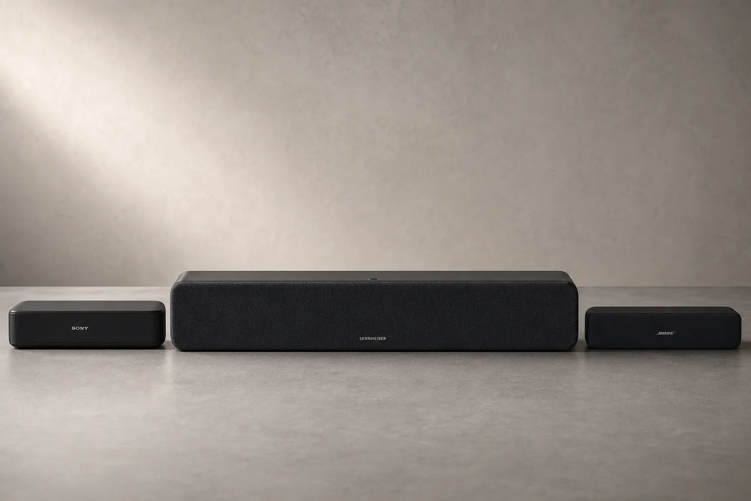 三款 Soundbar 的尺寸對比，顯示大型裝置與小型型號並排