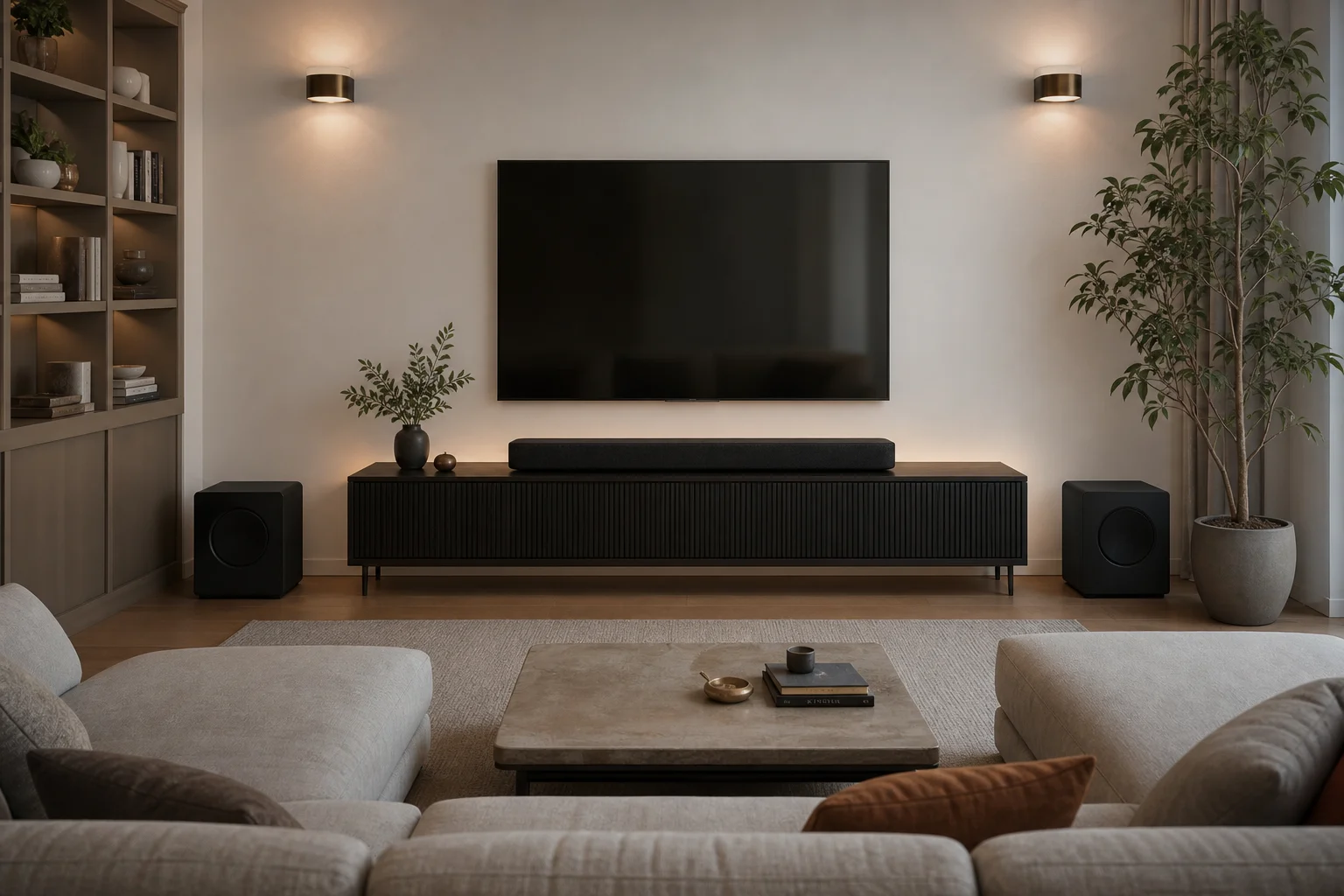 現代化客廳中，Soundbar 與重低音喇叭擺放於環繞音效位置
