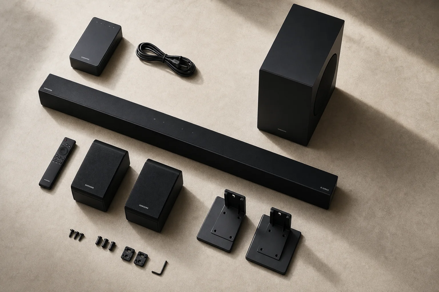 Soundbar 系統組件平鋪圖，展示所有隨附硬體與支架