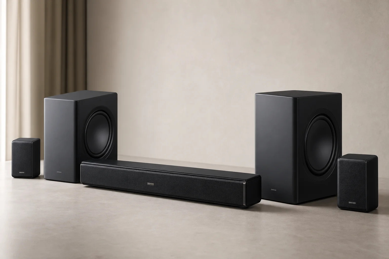 Nakamichi Dragon Soundbar 系統，包含重低音喇叭與環繞喇叭，置於中性背景前
