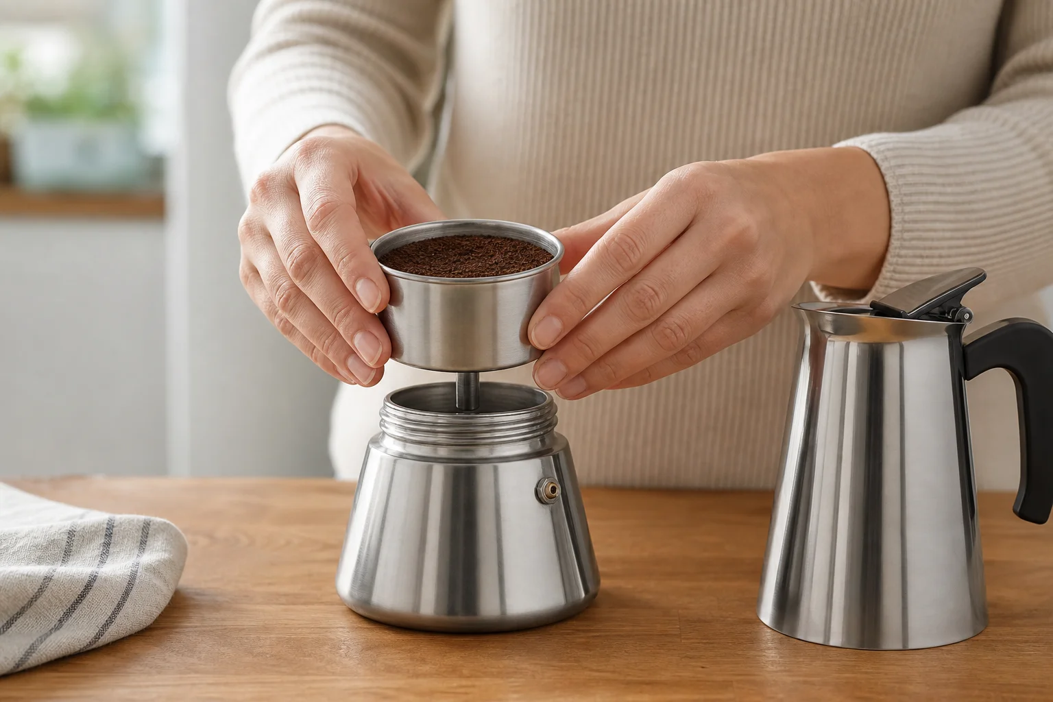 Hands carefully lowering coffee basket into water chamber of Neapolitan brewer