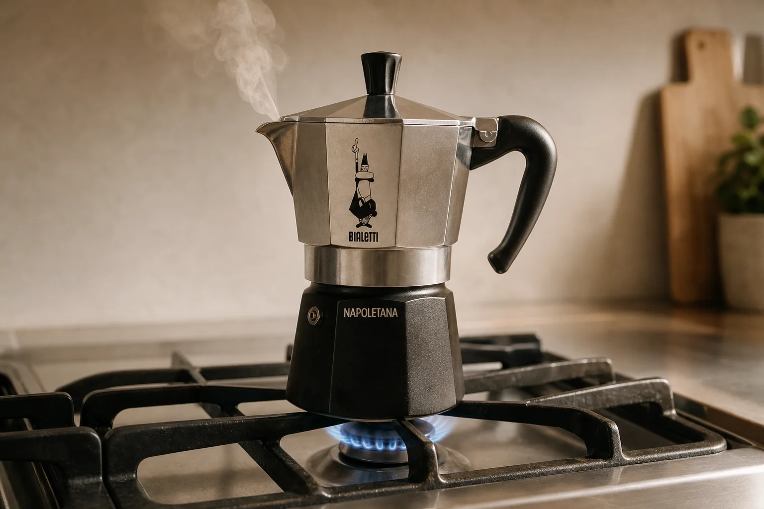 Steam rising from Neapolitan brewer on stovetop with gentle flame