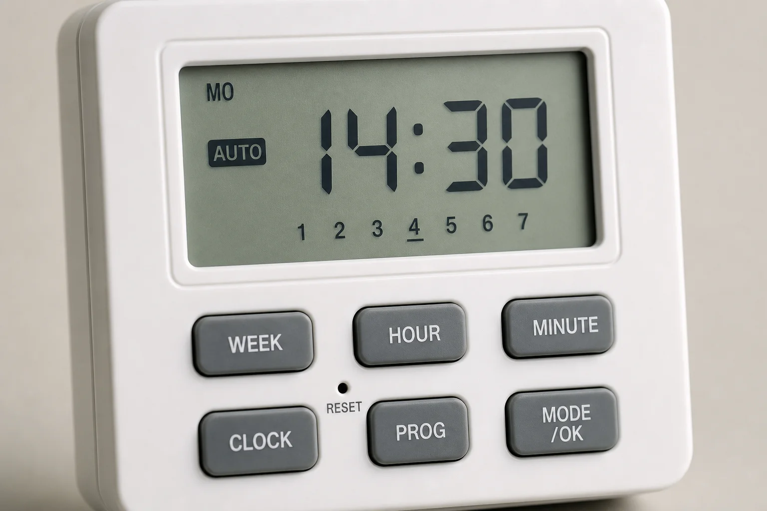 Close-up of digital timer display showing time and programming buttons