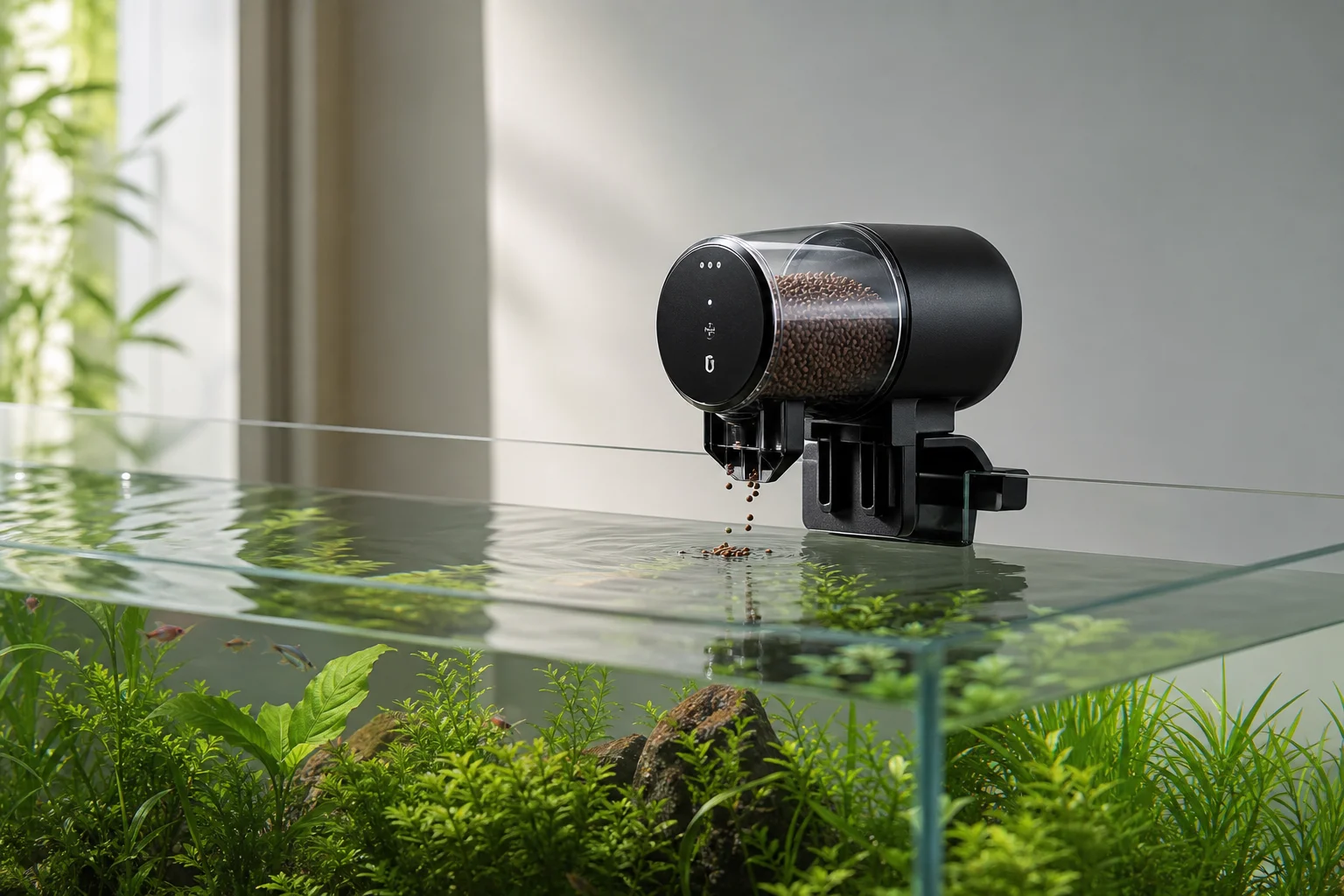 Aquarium with planted tank and automated feeder system mounted above water