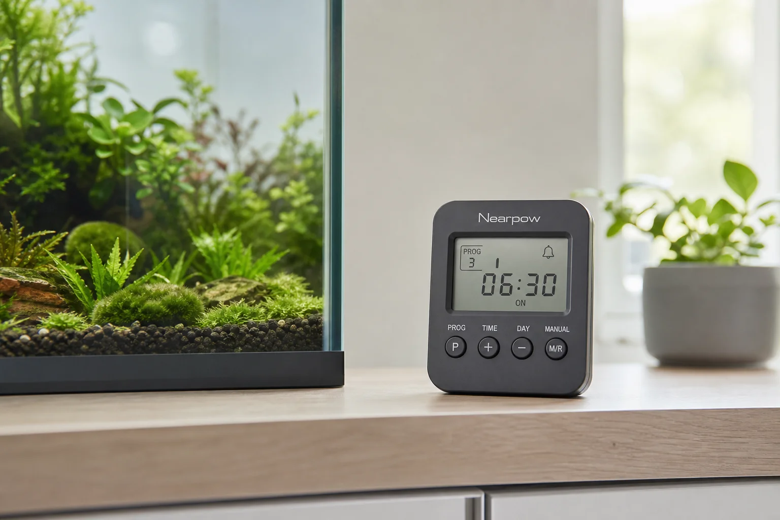 Standalone timer with battery backup mounted near an aquarium setup