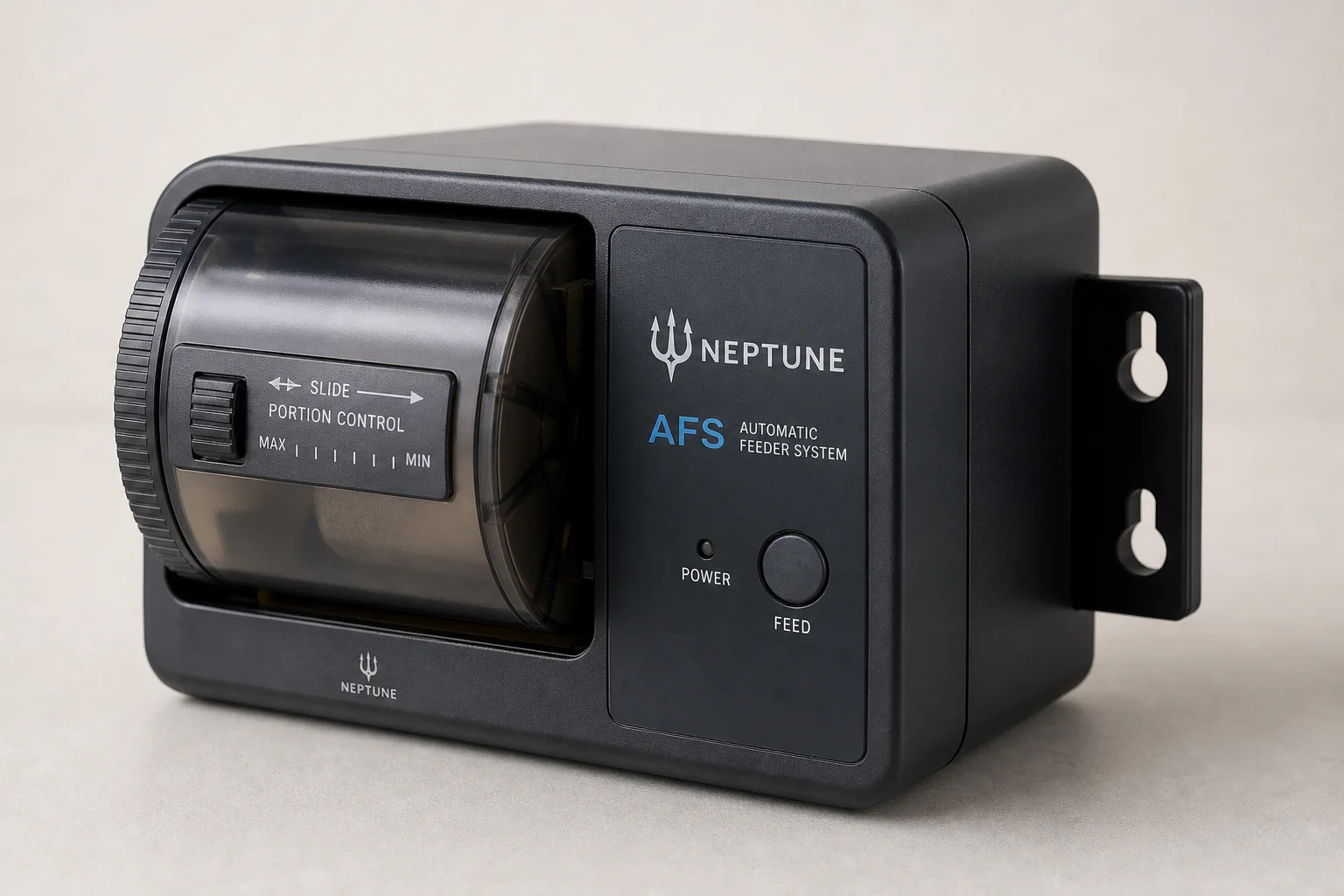Neptune Apex controller with AFS feeder and DOS dosing system on neutral backdrop