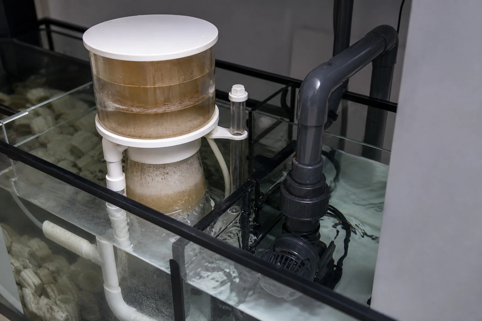 Aquarium skimmer and return pump equipment in a sump setup