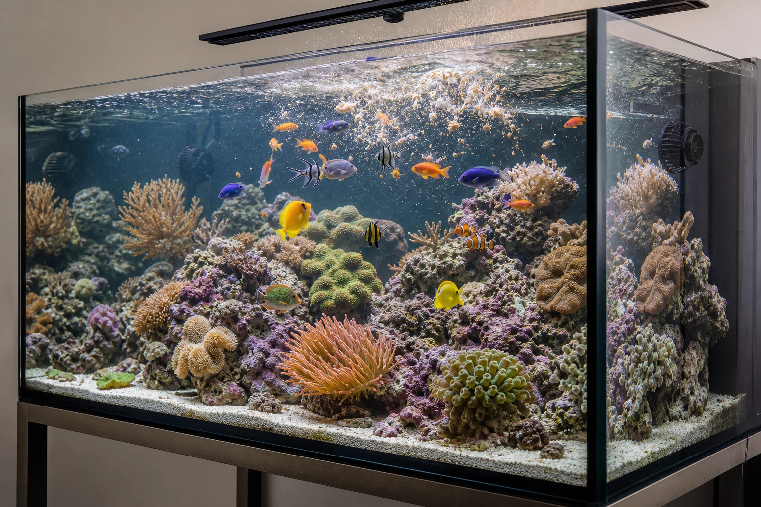 Reef aquarium with fish feeding at water surface and extended coral polyps