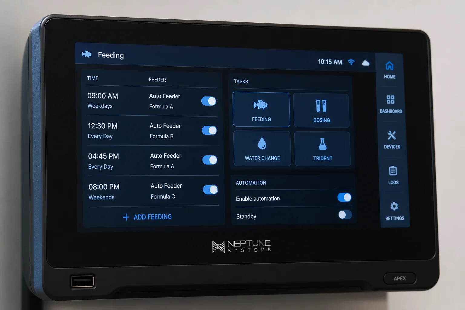 Aquarium controller display screen showing feeding schedule and automation settings