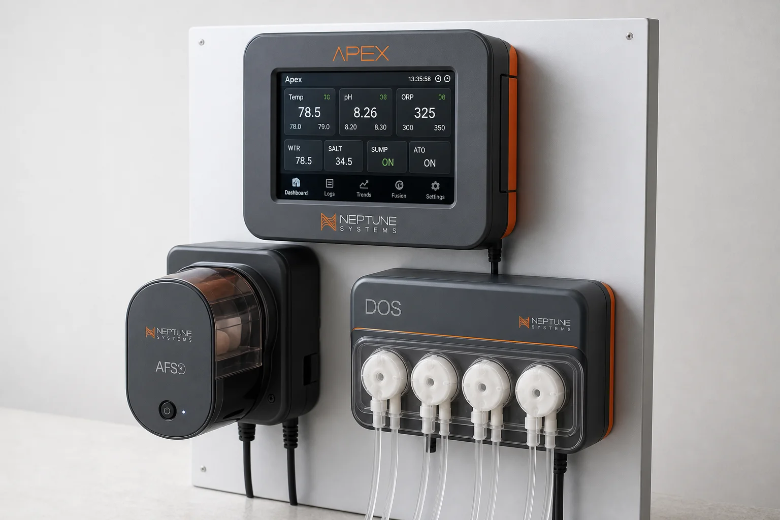 Neptune Apex controller with AFS feeder and DOS dosing system on neutral backdrop