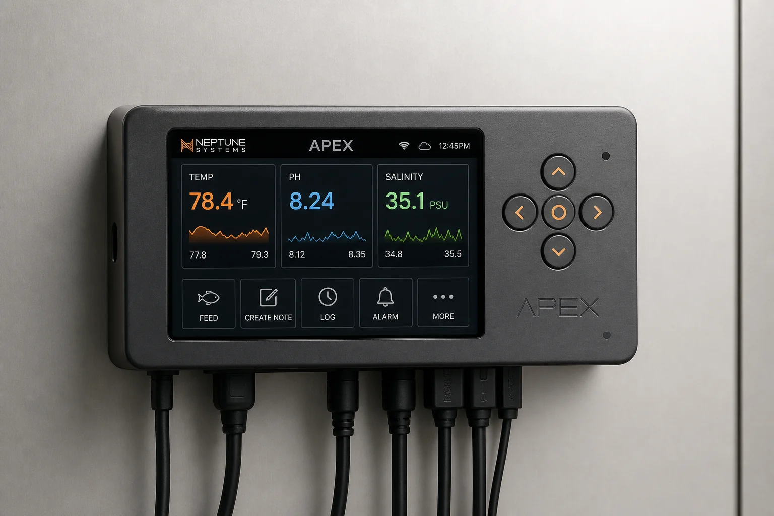 Neptune Apex controller with AFS feeder and DOS dosing system on neutral backdrop