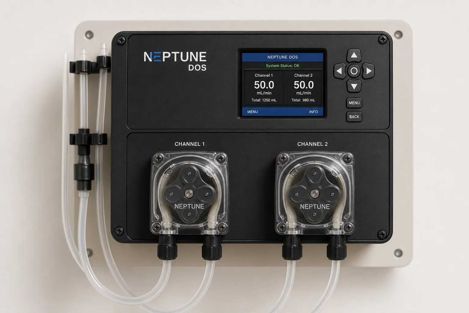 Neptune Apex controller with AFS feeder and DOS dosing system on neutral backdrop