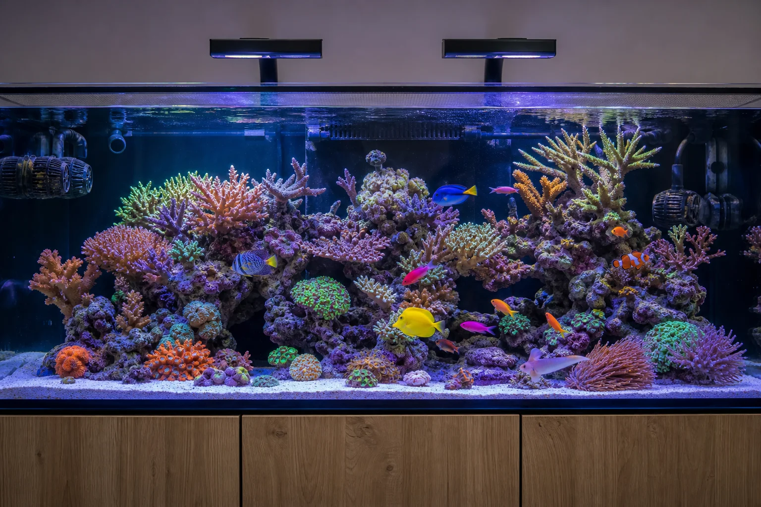 擁有色彩繽紛珊瑚與魚類的海水缸