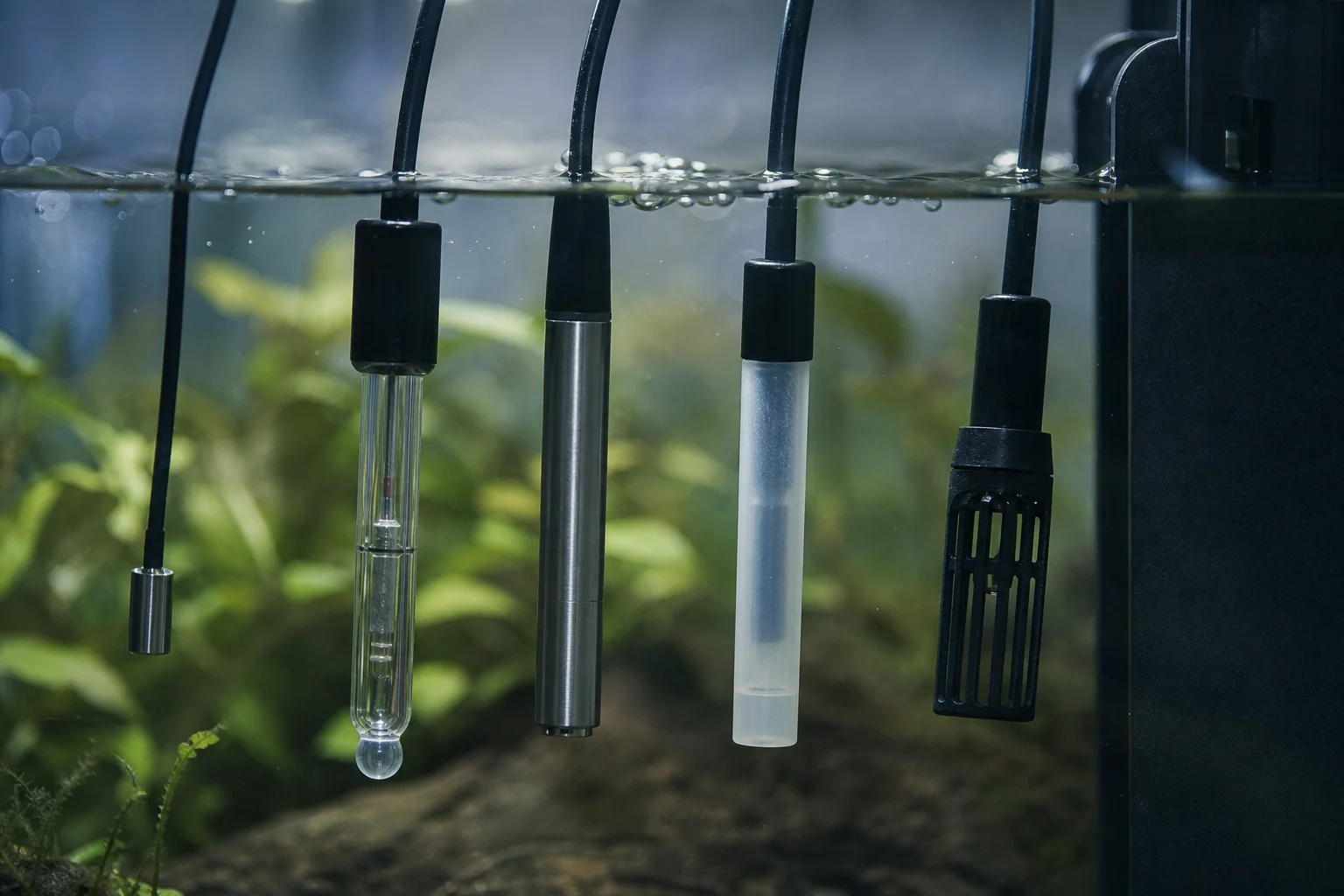 放置在魚缸水中的水質監測探頭與感測器