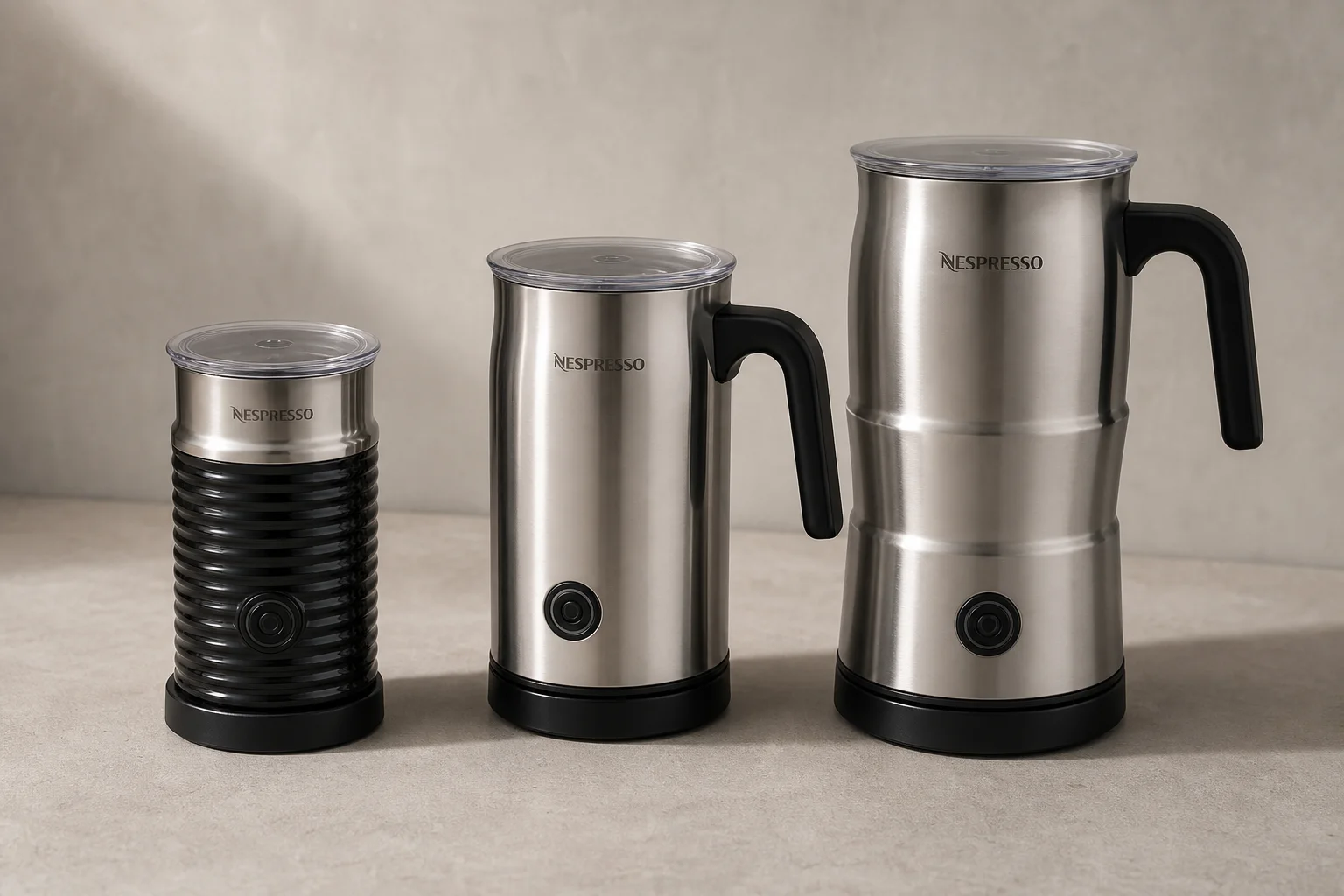 三款尺寸遞增的 Nespresso 奶泡機放置於水泥表面上