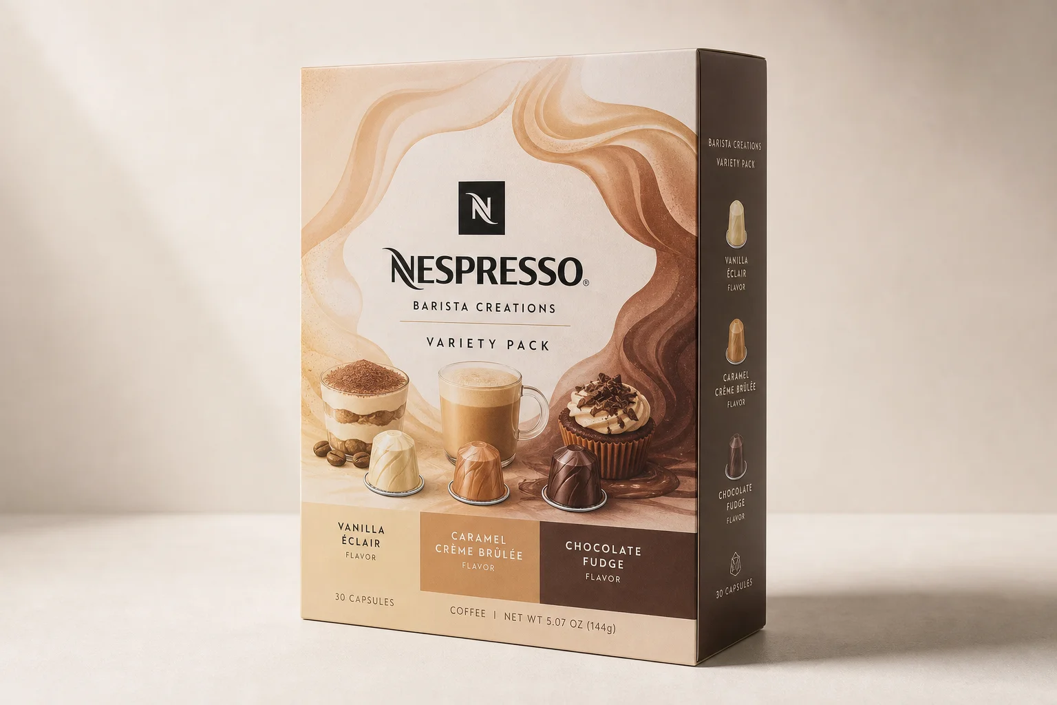五盒 Nespresso 膠囊綜合包陳列在大理石桌面上