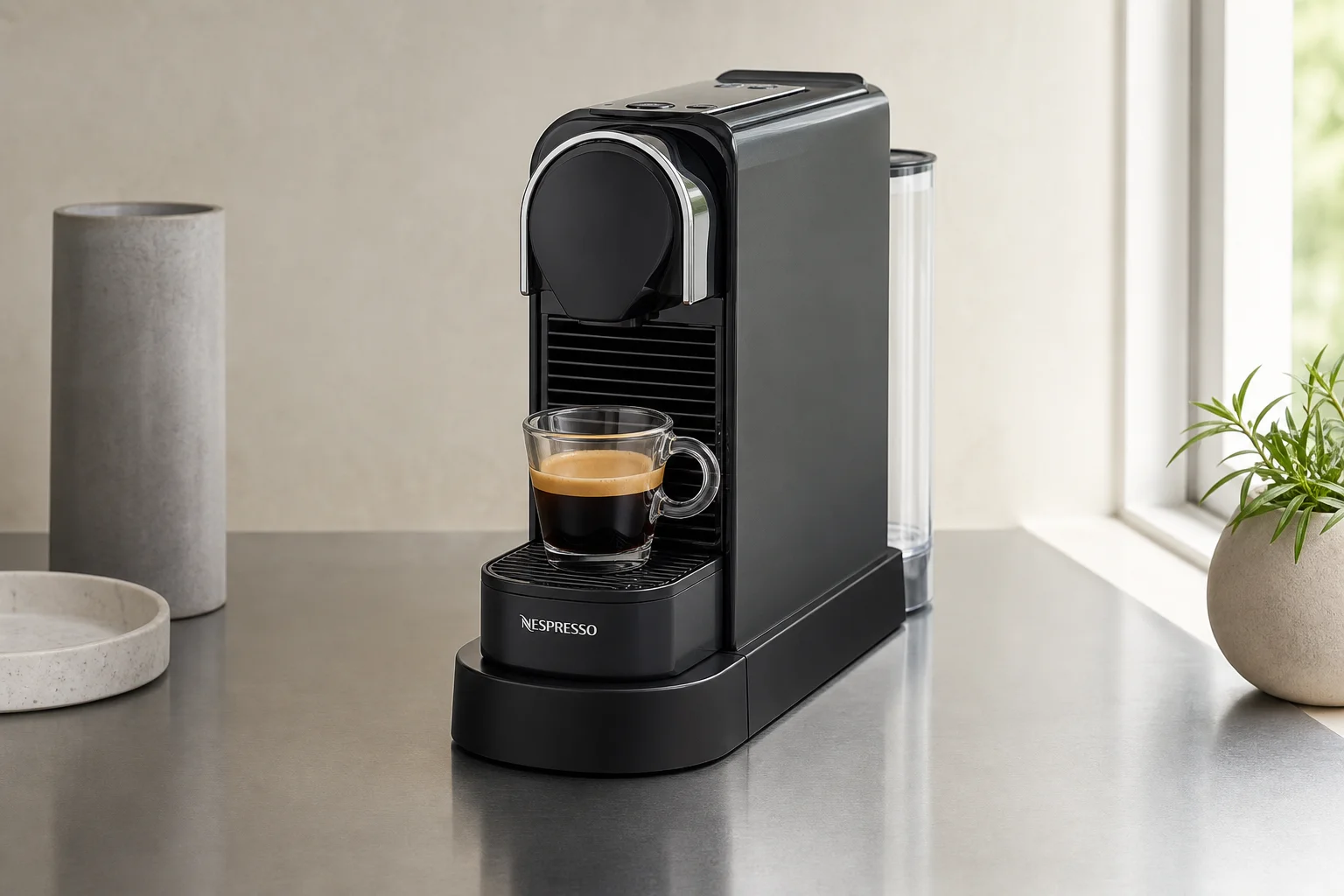콘크리트 바닥 위에 크기와 가격순으로 왼쪽부터 오른쪽으로 나열된 7대의 Nespresso 머신