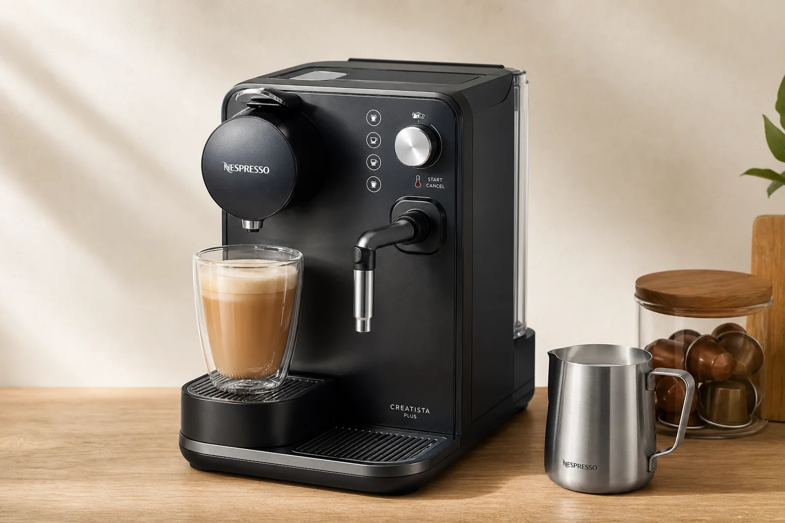 콘크리트 바닥 위에 크기와 가격순으로 왼쪽부터 오른쪽까지 나열된 7대의 Nespresso 머신