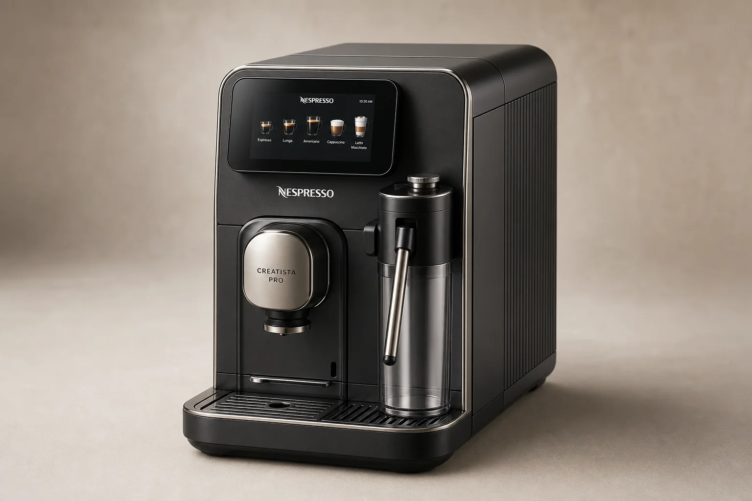 콘크리트 바닥 위에 크기와 가격순으로 왼쪽부터 오른쪽으로 나열된 7대의 Nespresso 머신