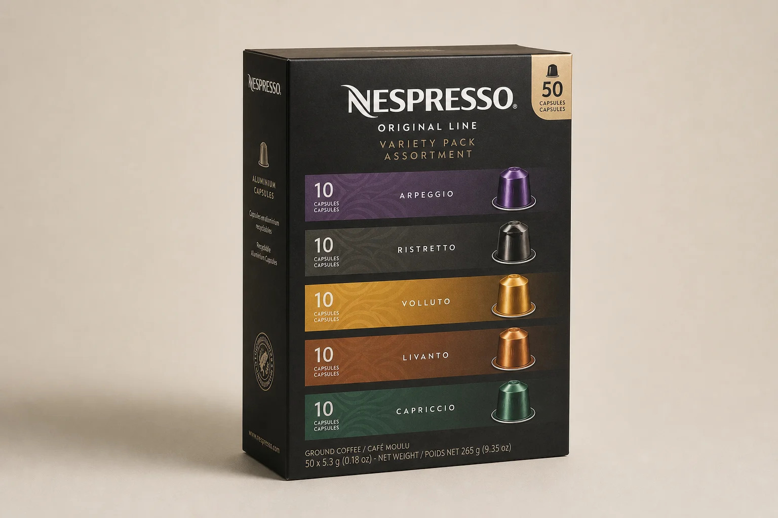五款 Nespresso 膠囊綜合包陳列在大理石桌面上
