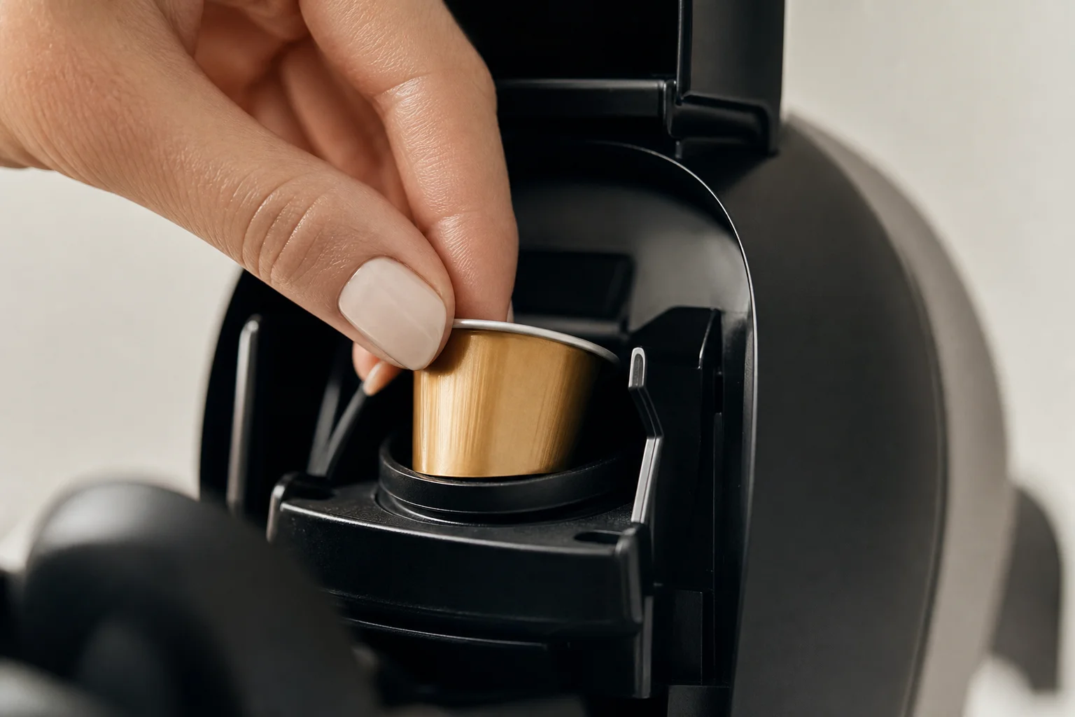 Nespresso 膠囊放入咖啡機萃取槽的特寫鏡頭