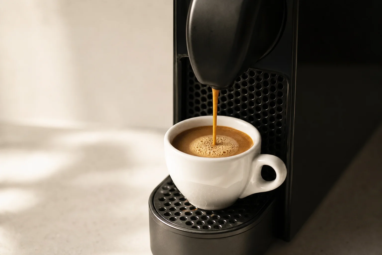 濃郁的 Espresso 咖啡油脂萃取至白色陶瓷杯中