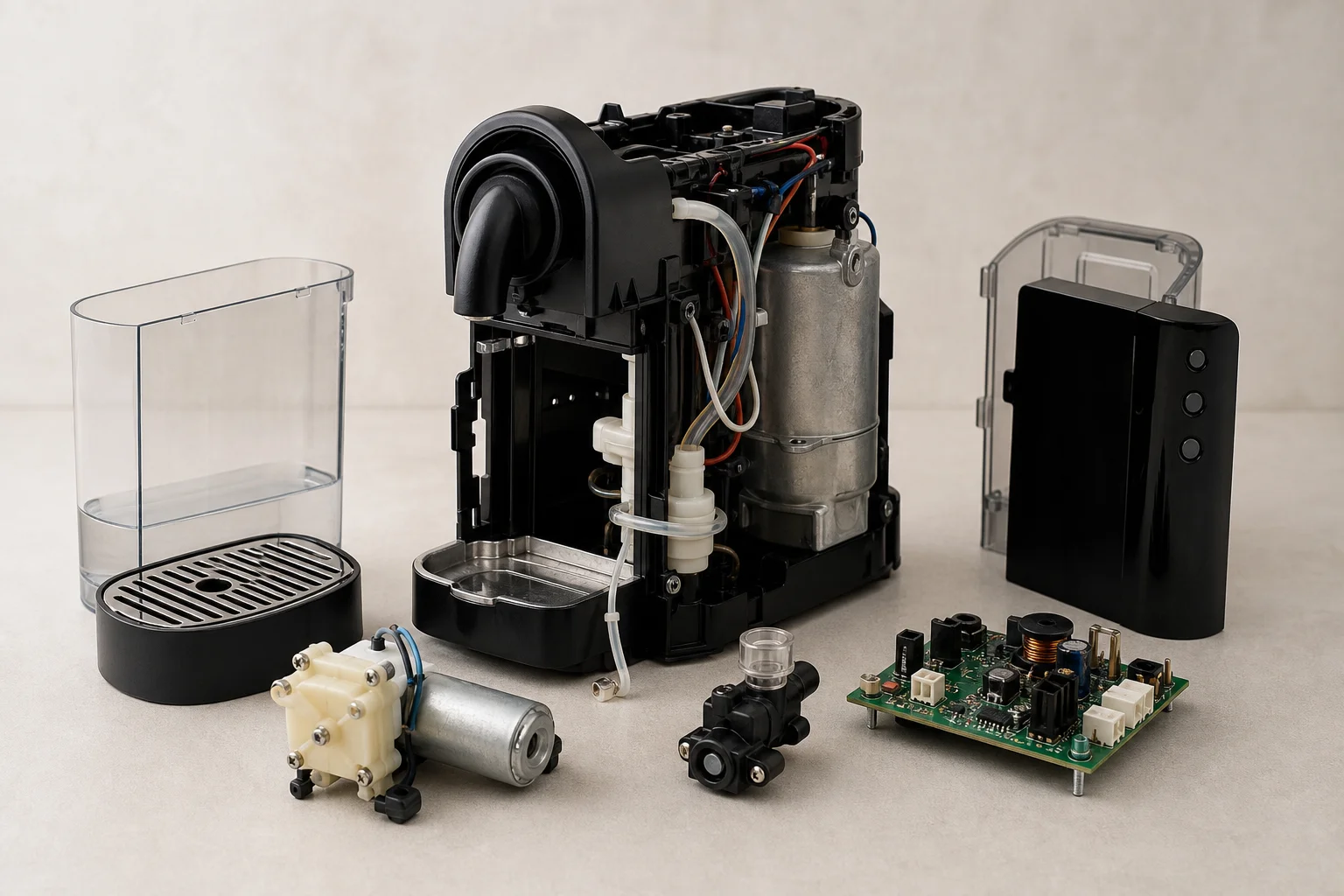 Disassembled Nespresso machine showing internal pump and water heating components