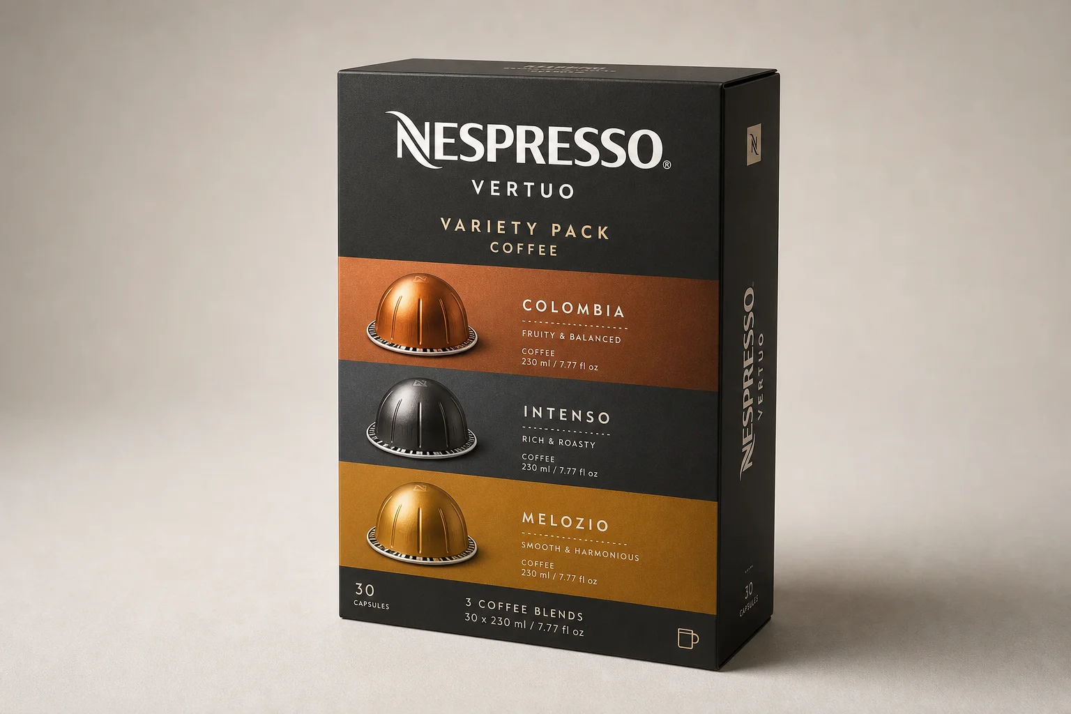 五盒 Nespresso 綜合咖啡膠囊陳列在大理石桌面上