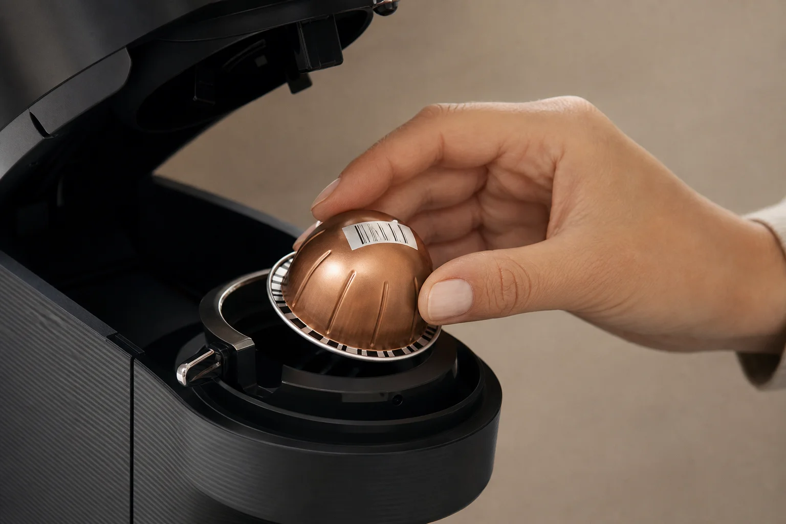 Nespresso Vertuo 膠囊條碼特寫,正準備放入咖啡機槽中