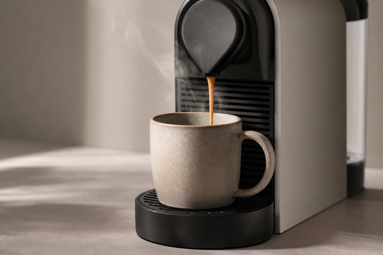 熱咖啡從 Nespresso 咖啡機注入陶瓷馬克杯中