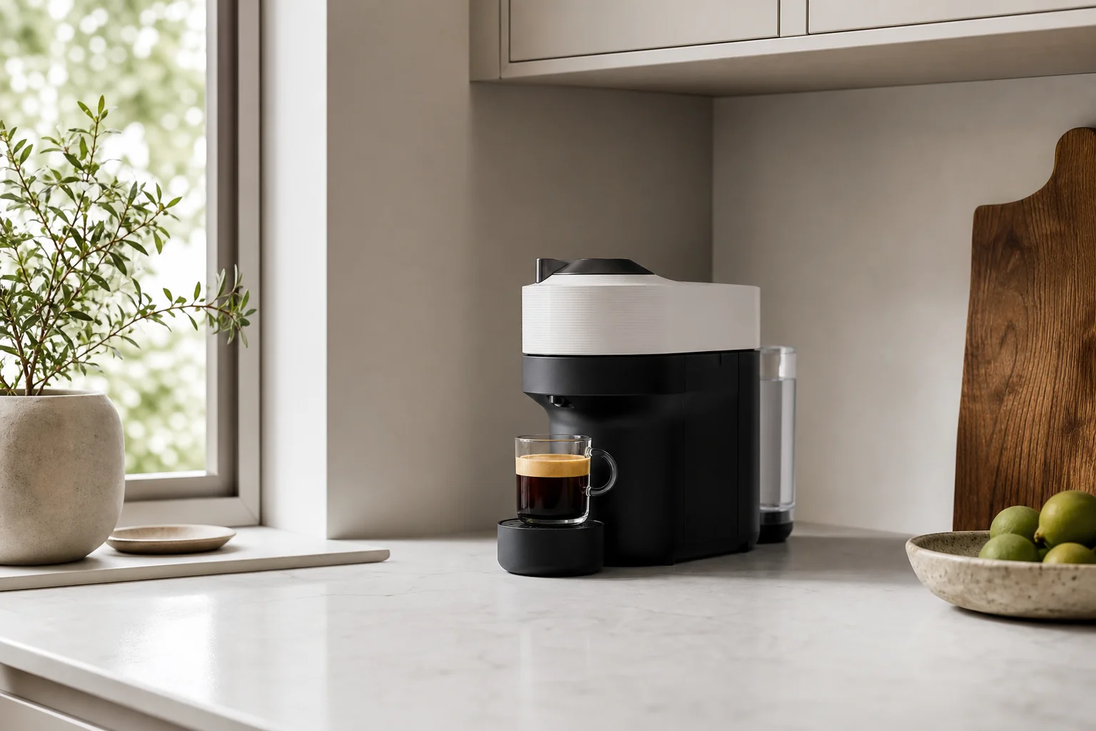 Nespresso Vertuo POP+ 放置於廚房檯面,高度剛好可收納於櫥櫃下方
