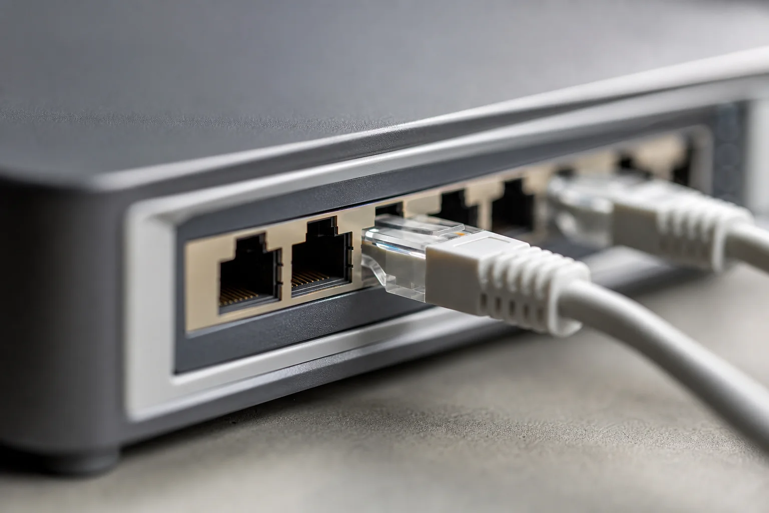 Close-up of ethernet ports and cables on networking device