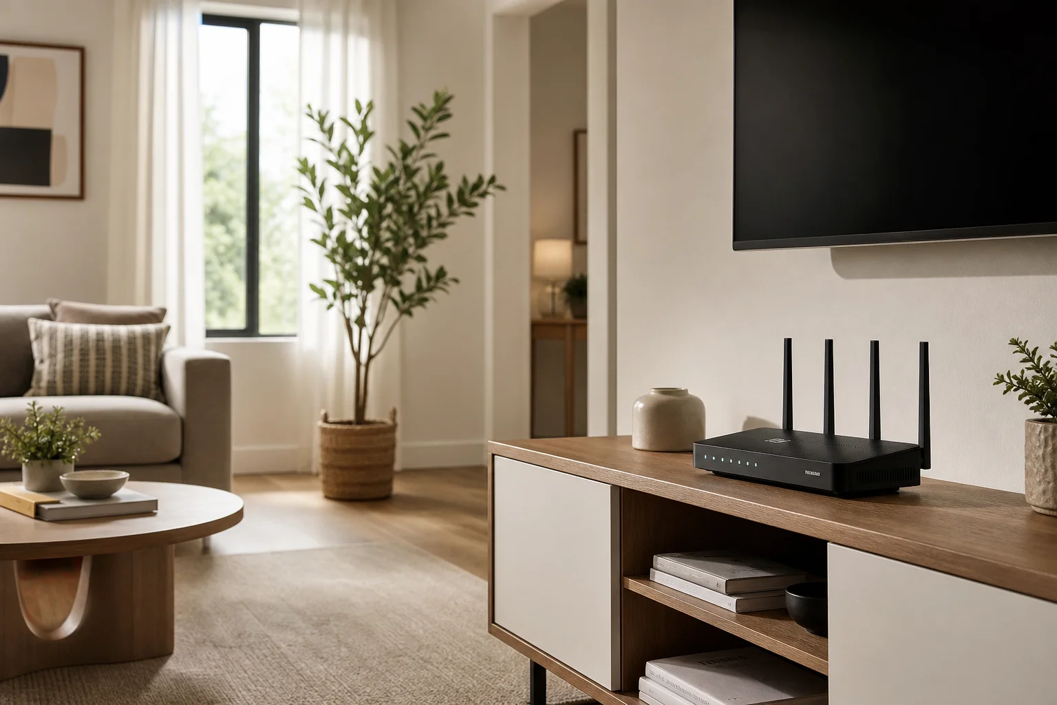 Router on living room shelf with natural window light and home environment