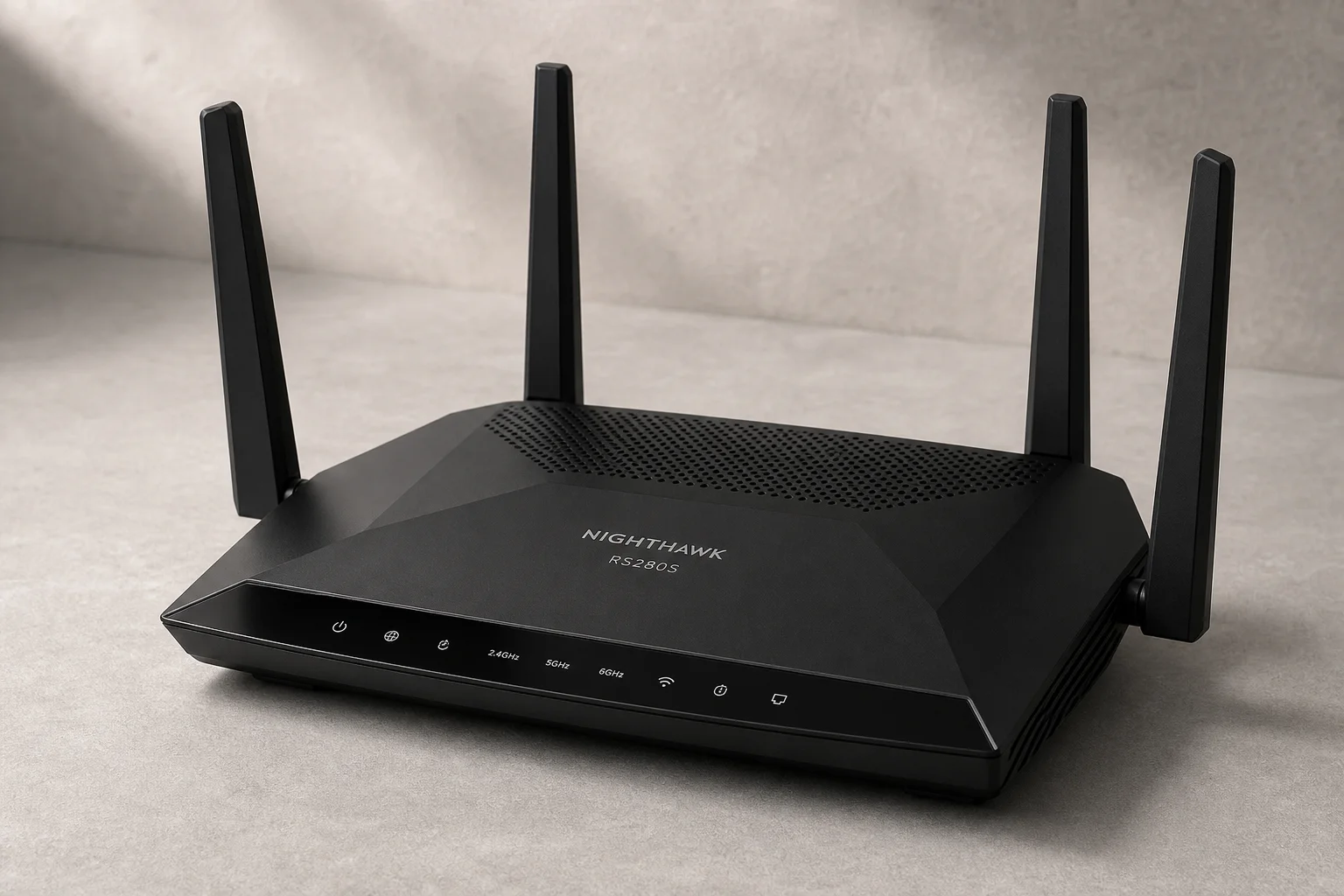 Netgear Nighthawk RS280S router on neutral concrete surface with soft studio lighting