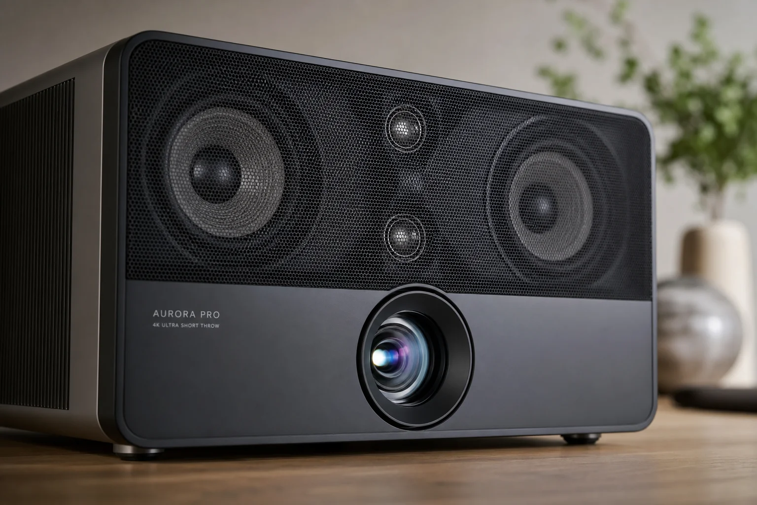 Close-up of projector's front speaker grille and short-throw lens assembly