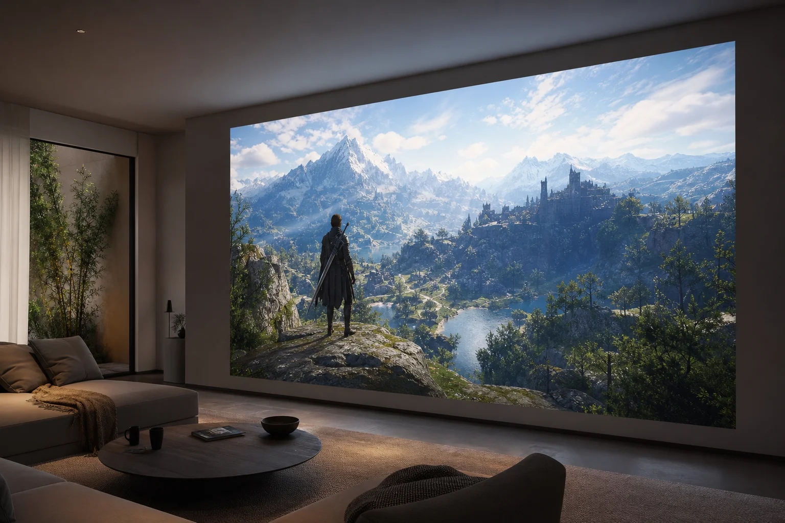 Bright HDR gaming scene displayed on a 100-inch projection screen in a lit room