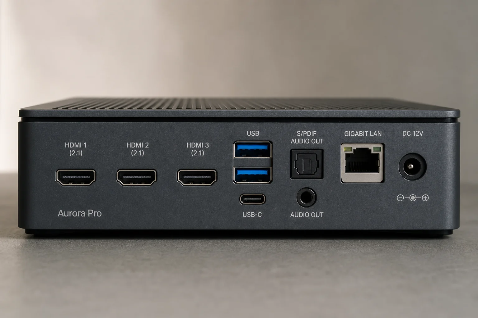 Rear panel of projector showing HDMI 2.1 ports, USB connections, and audio outputs