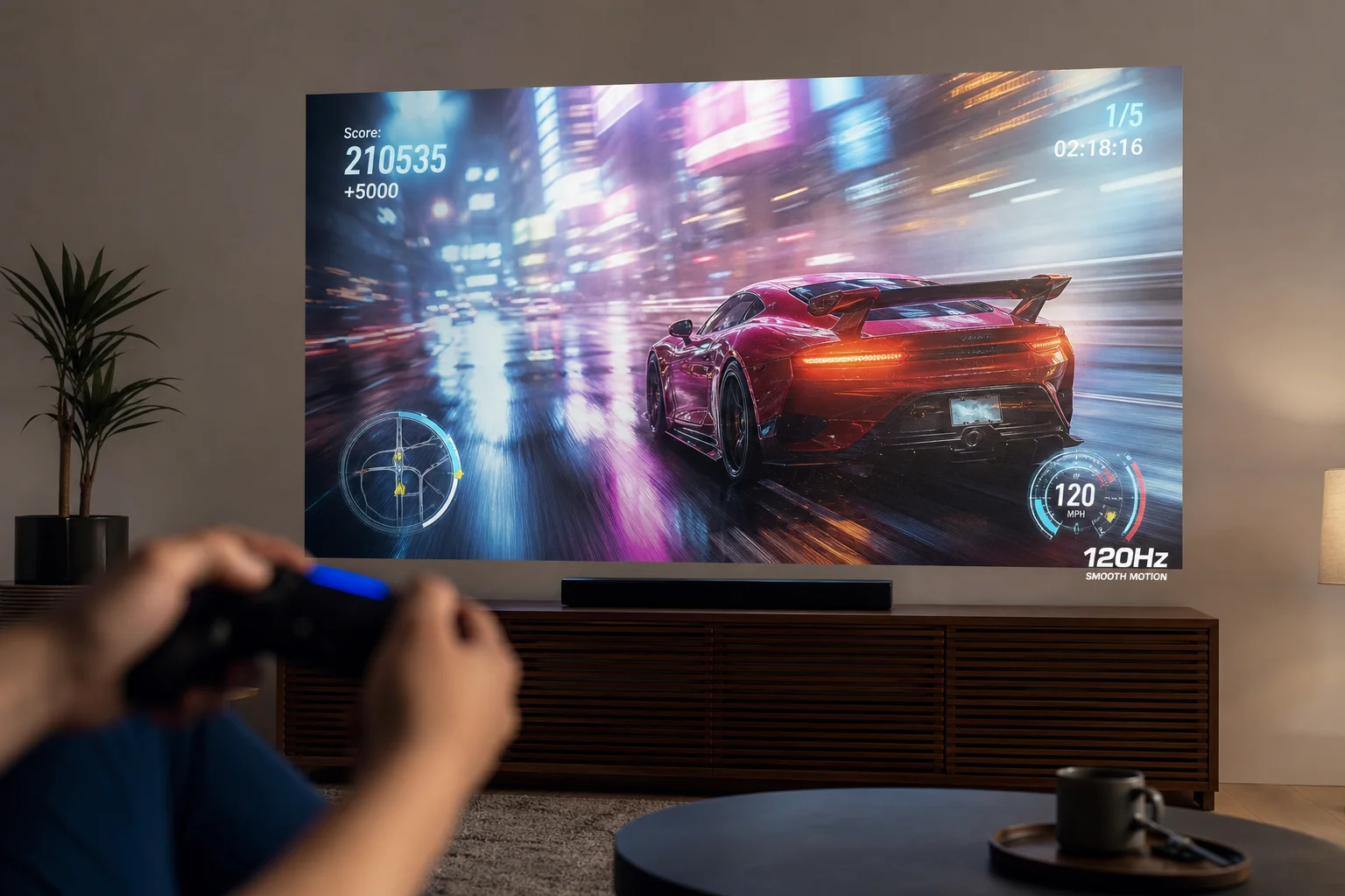 Gaming on a large projection screen with a controller in the foreground, showing smooth motion