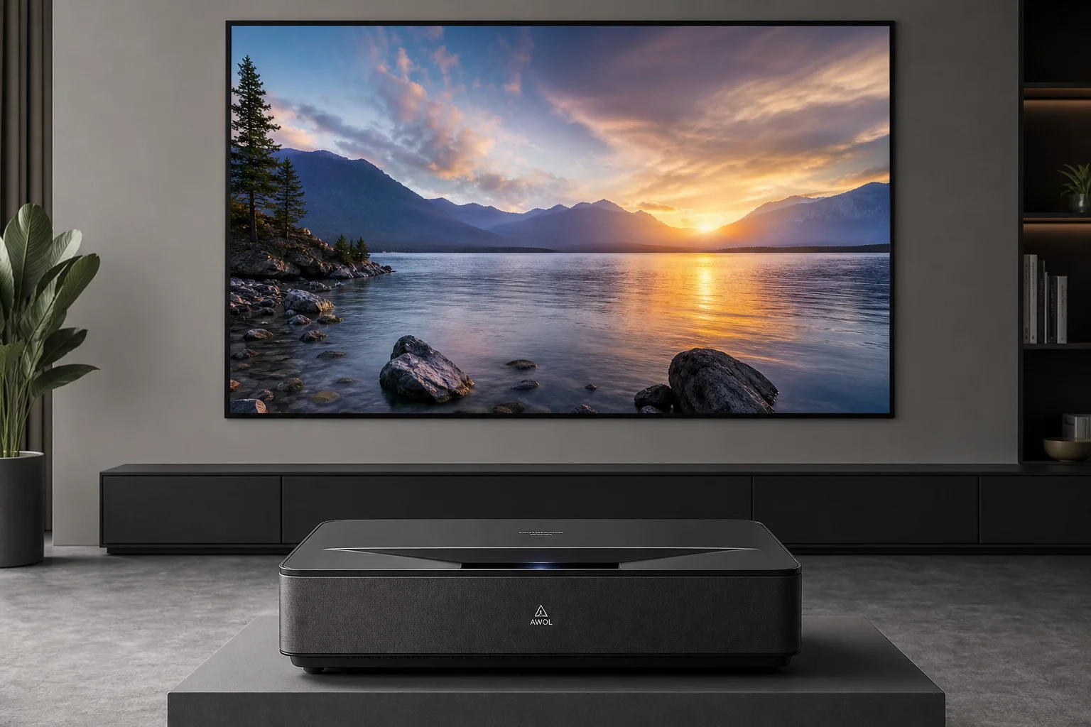 NexiGo Aurora Pro 投影機放置在大型投影幕下方，螢幕顯示著明亮的 HDR 影像