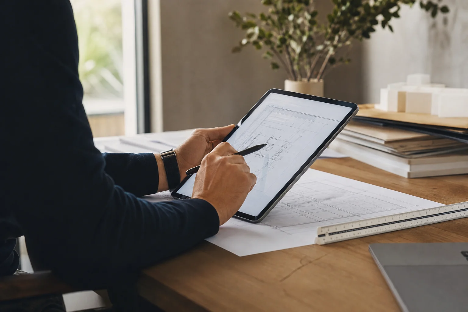 Architect reviewing digital measurements on tablet with scale ruler