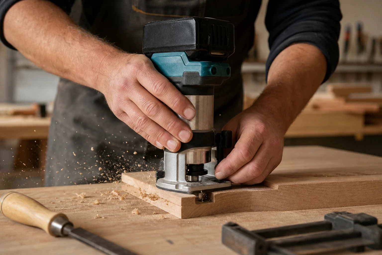 Woodworker using cordless router on wooden workpiece with shavings