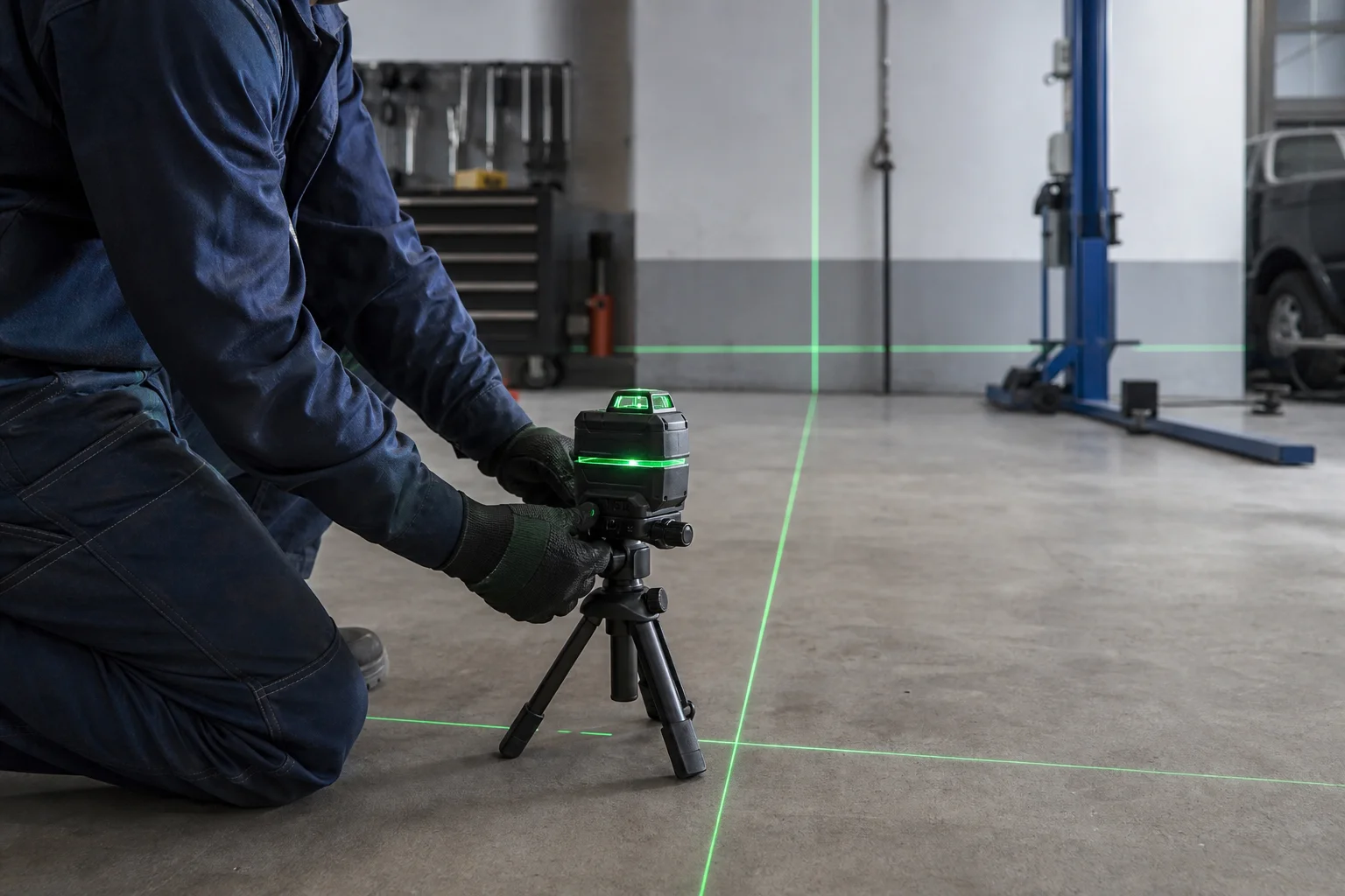 Mechanic using laser level with green lines on workshop walls