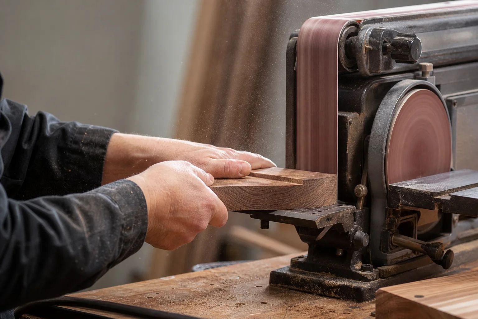 Woodworker using belt disc sander on wooden piece with dust